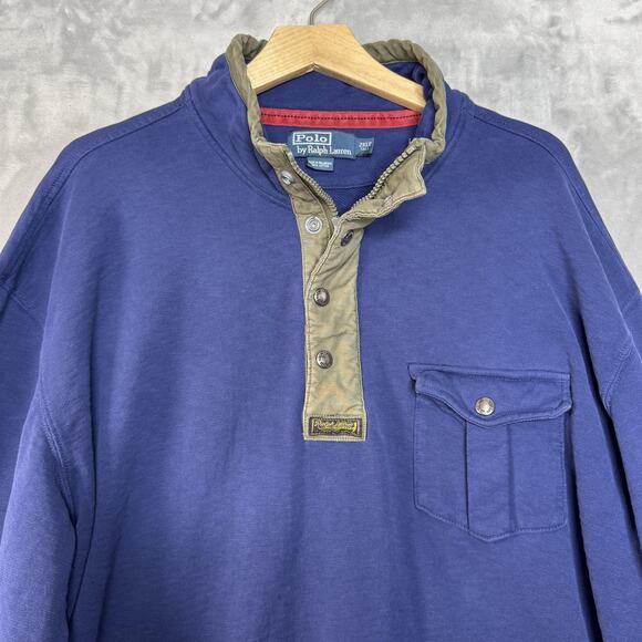 Polo Ralph Lauren Sweatshirt Mens 2XLT Tall Blue Mock Neck Henley Cotton Pocket - Picture 3 of 7